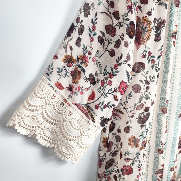 Mason & Belle Kimono Cardigan Medium Floral Crochet Lace Trim Boho Open Front - Picture 4 of 7